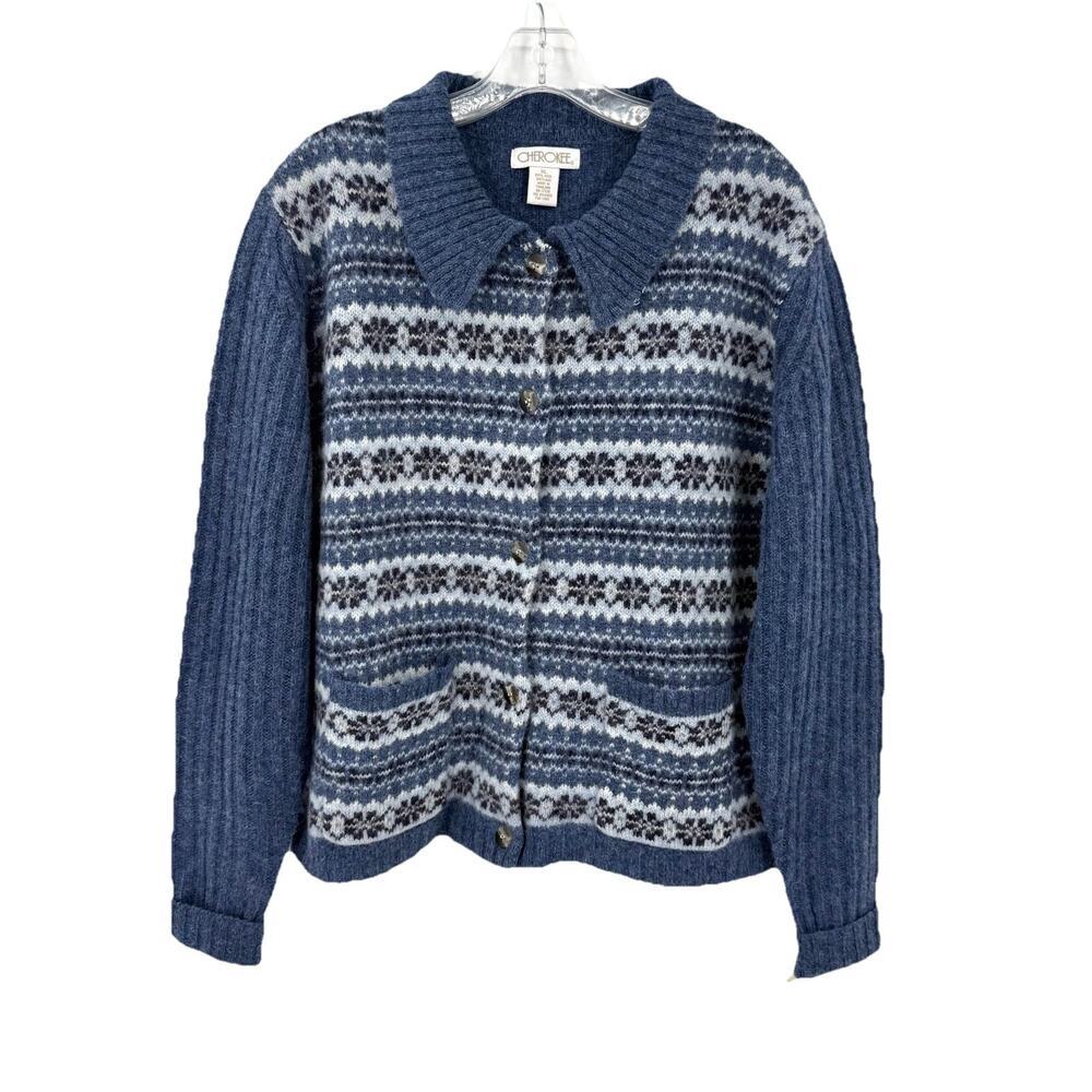 Cherokee Cardigan Womens XL Blue Shetland Wool Collared Button Nordic Fair Isle